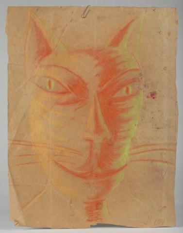 Untitled pastel cat on a brown paper bag. Initialed G. 1984. Estimated value: $20-$30