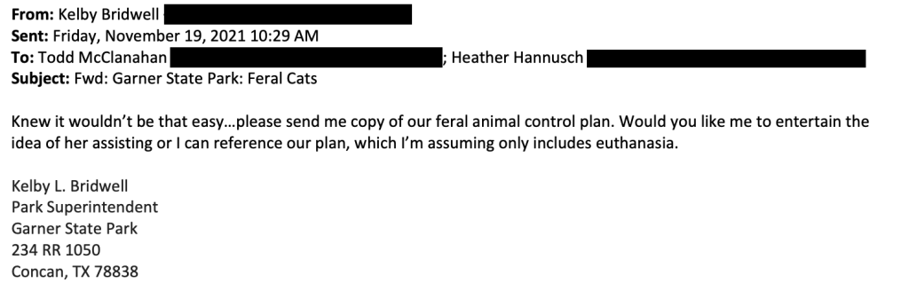 email from Kelby Bridwell Garner State Park superintendent about park practice of shooting, killing feral cats